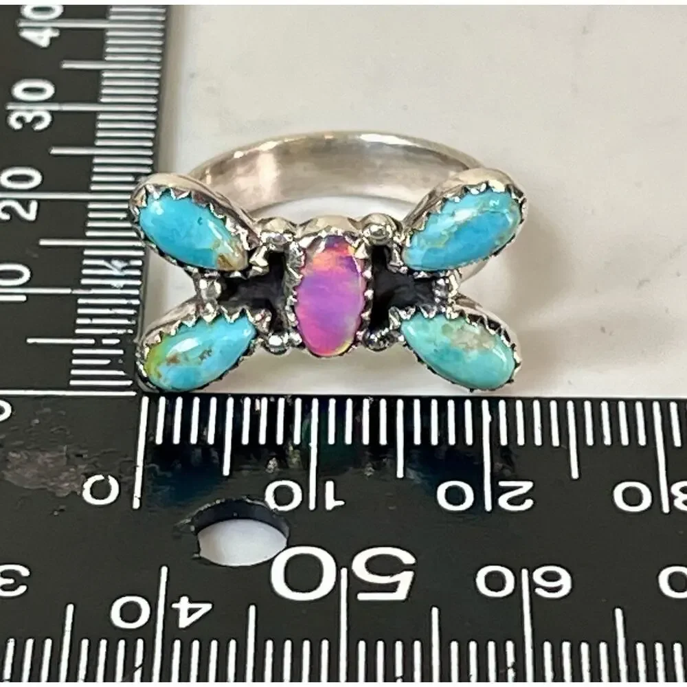 Southwest Sterling Silver Kingman Turquoise Pink Opal Butterfly Cluster Ring